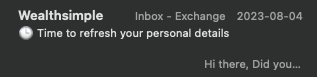 Wealthfront email subject line with clock emoji.
