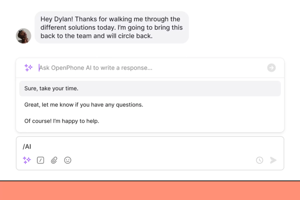 Customer service AI: AI-generated text message responses on OpenPhone.