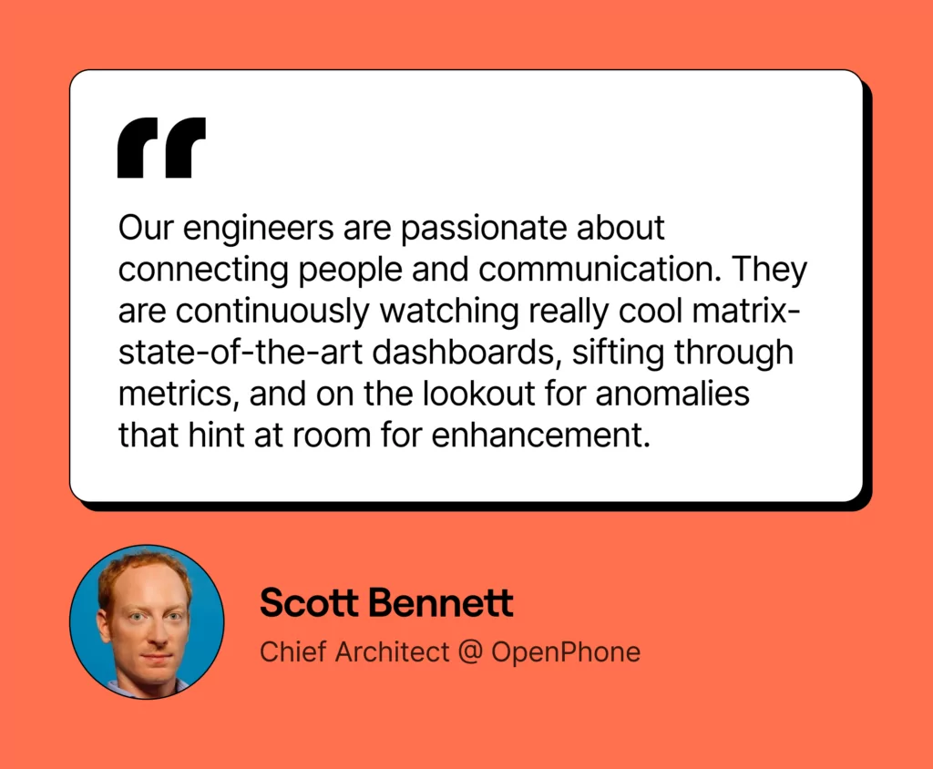 Quote card from Scott Bennett, Chief Architect at OpenPhone. It reads: 'Our engineers are passionate about connecting people and communication. They are continuously watching really cool matrix-state-of-the-art dashboards, sifting through metrics, and on the lookout for anomalies that hint at room for enhancement.'
