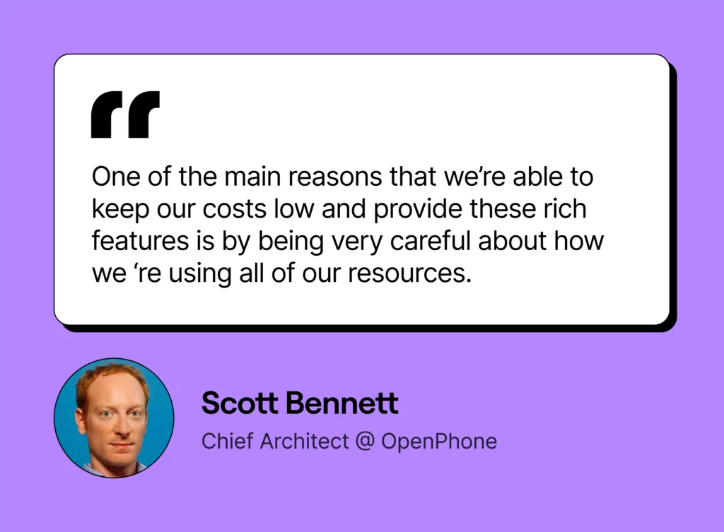 Quote card from Scott Bennett, Chief Architect at OpenPhone. It reads: '“One of the main reasons that we’re able to keep our costs low and provide these rich features is by being very careful about how we ‘re using all of our resources.'