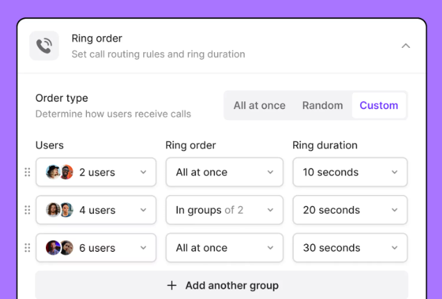 High call volume: Setting up a custom ring order so specific team members receive incoming call notifications first. 