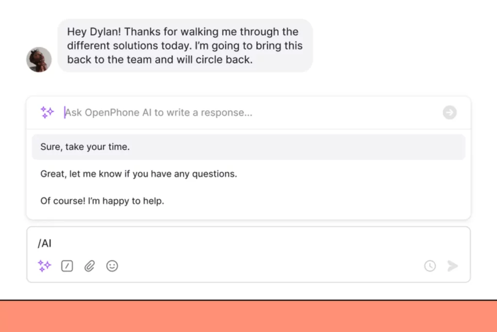 RingCentral call recording: Using AI-suggested text responses in OpenPhone to reply to texts