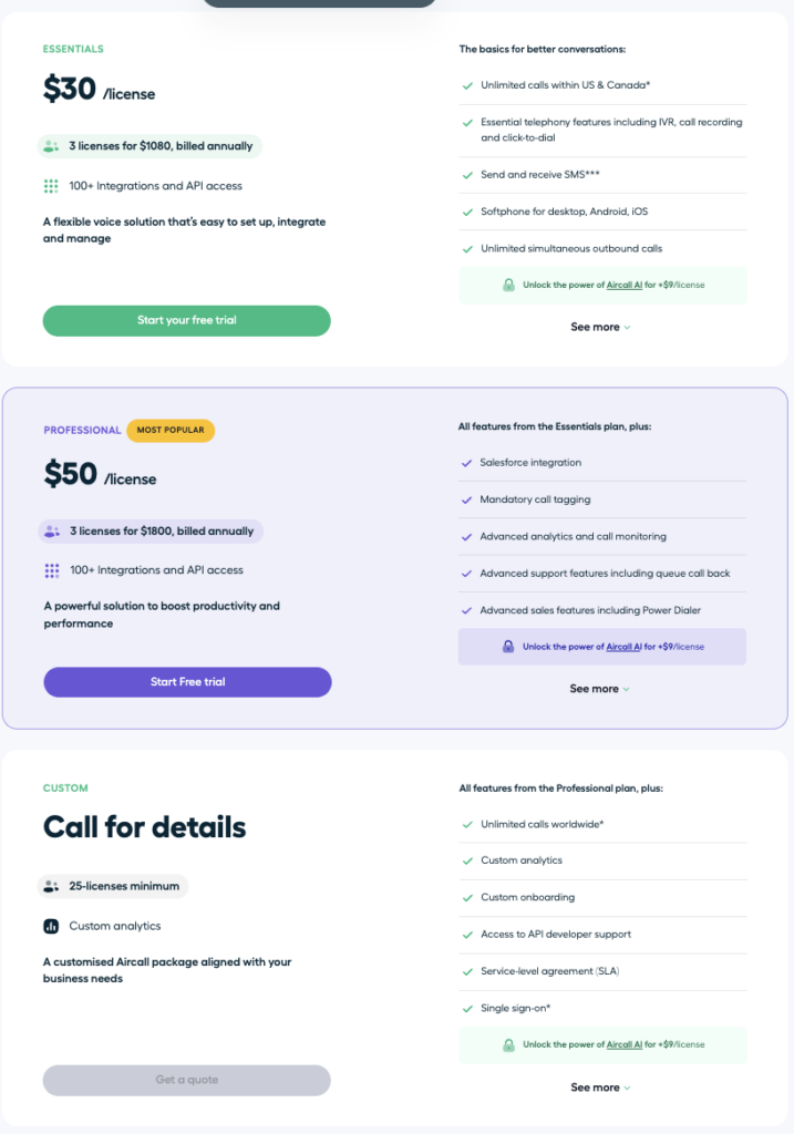 Aircall new pricing