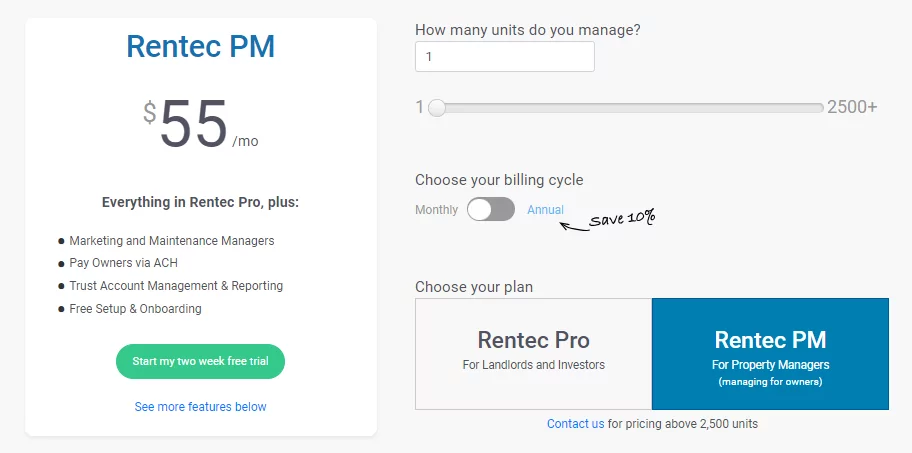 Multifamily property management software: Rentec Direct pricing