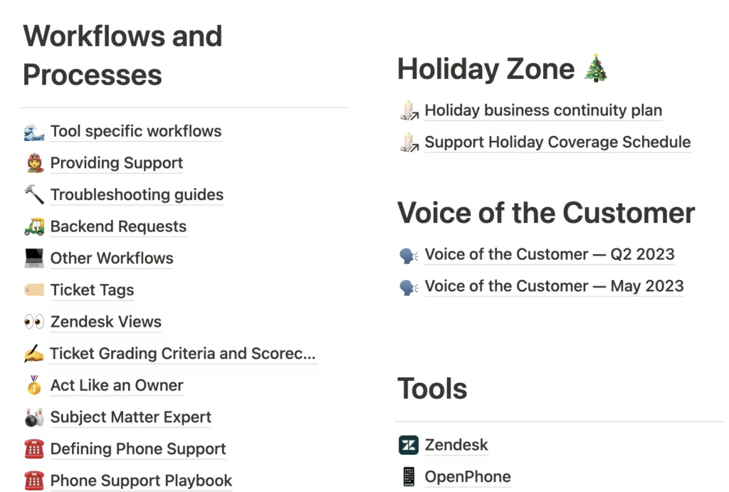 Customer service training manual: Documentation and pages in Notion OpenPhone's customer support team uses