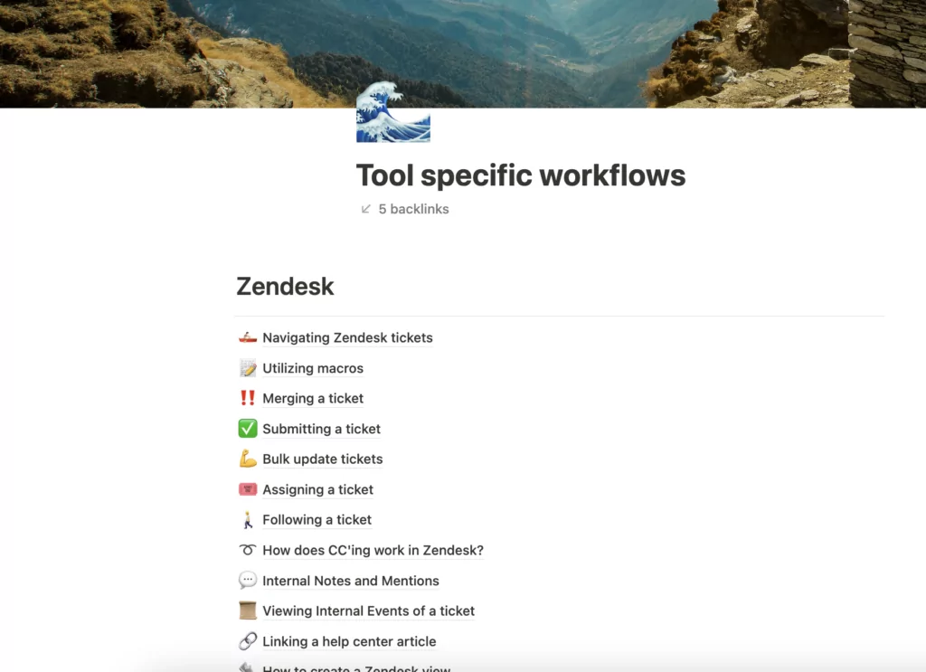 Customer service training manual: Tool specific workflows page in Notion