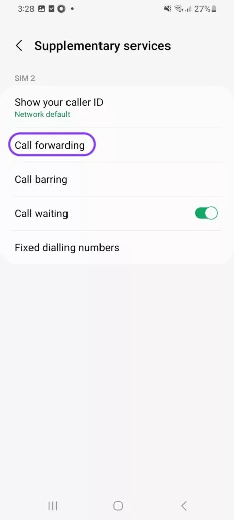 Turn off call forwarding: Access Call forwarding within supplementary service section in Android