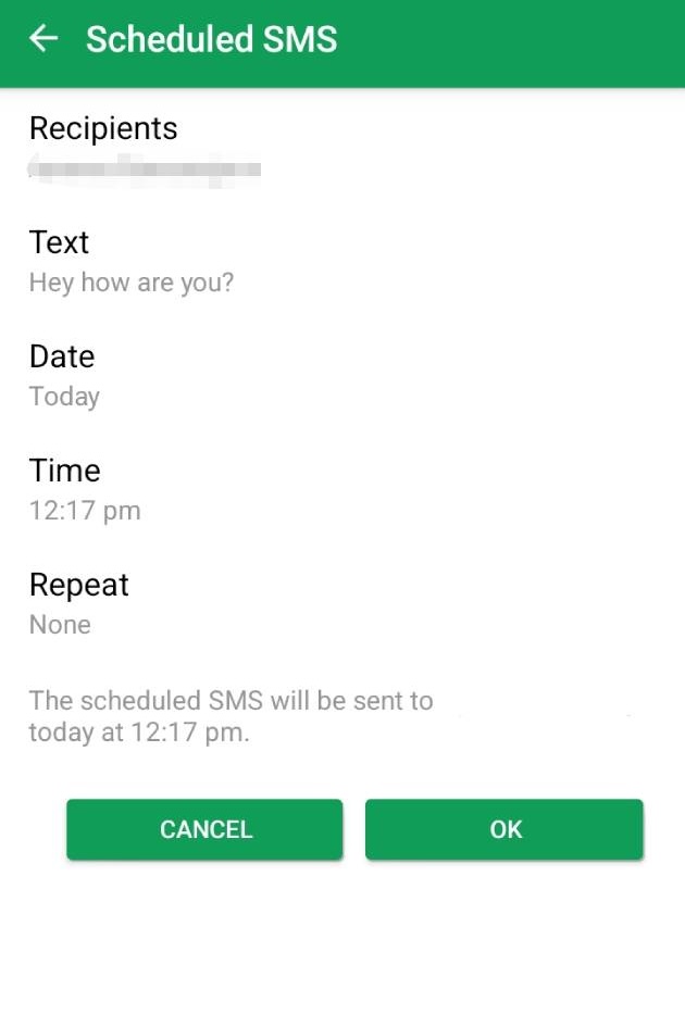 Confirming the scheduled message information in Chomp's Android app