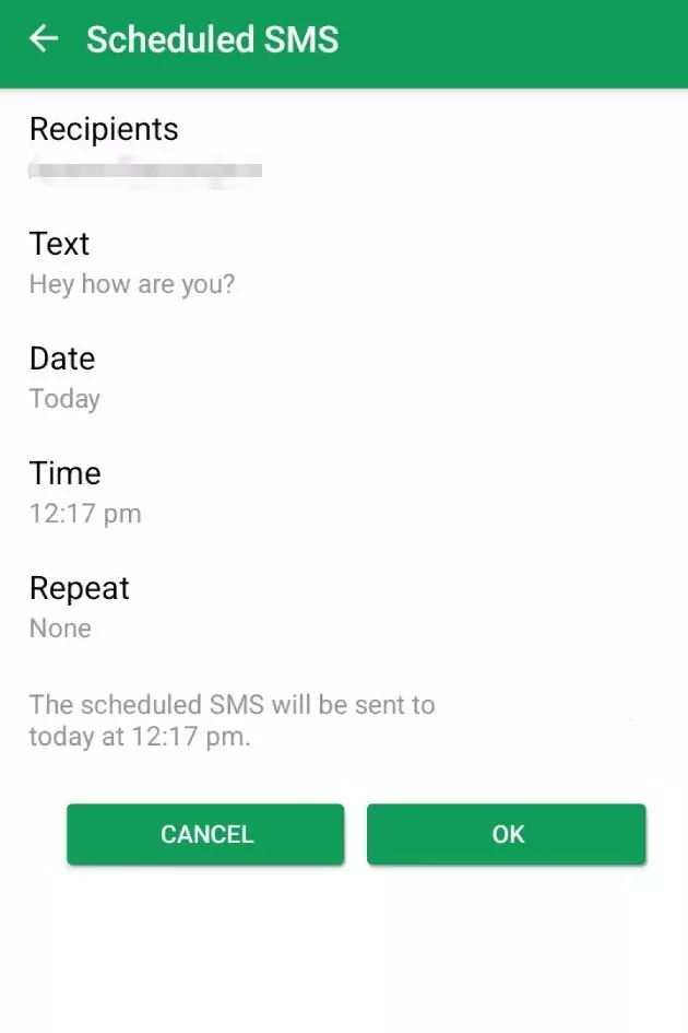 Confirming the scheduled message information in Chomp's Android app