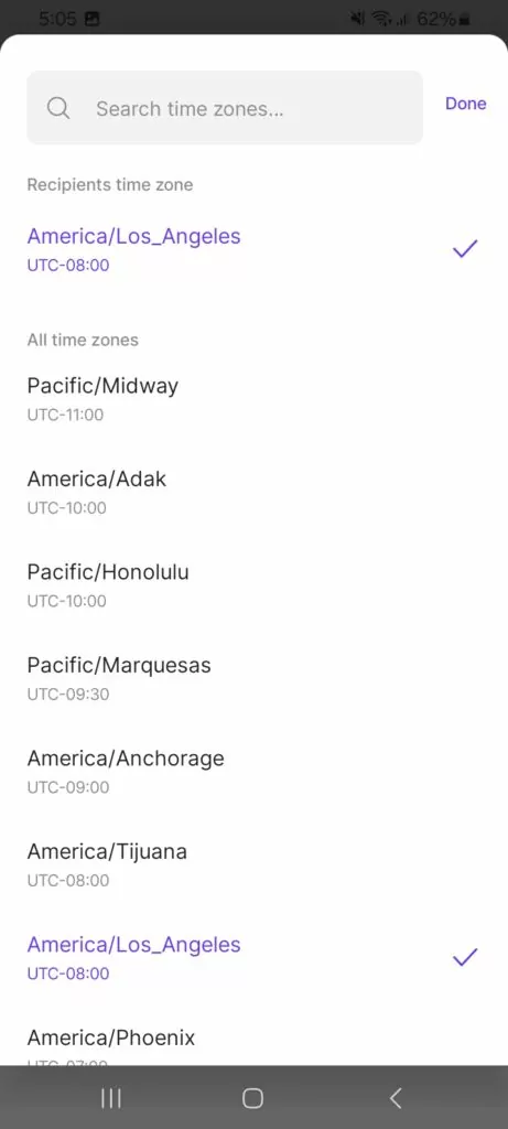 Selecting a time zone to schedule a message in OpenPhone's Android app