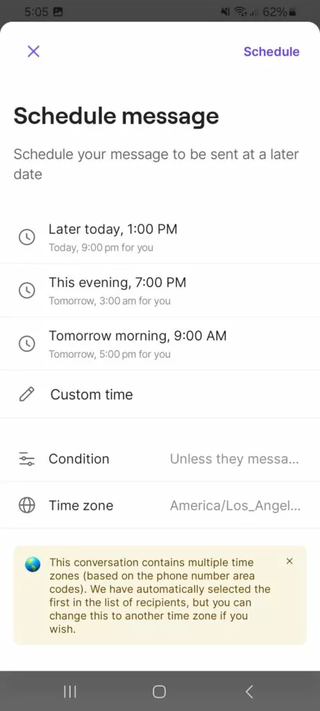 Setting the exact date and time to schedule a message in OpenPhone's Android app
