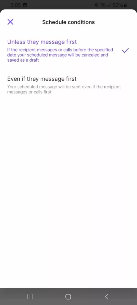 Conditions to fine-tune scheduled messages in OpenPhone's Android app