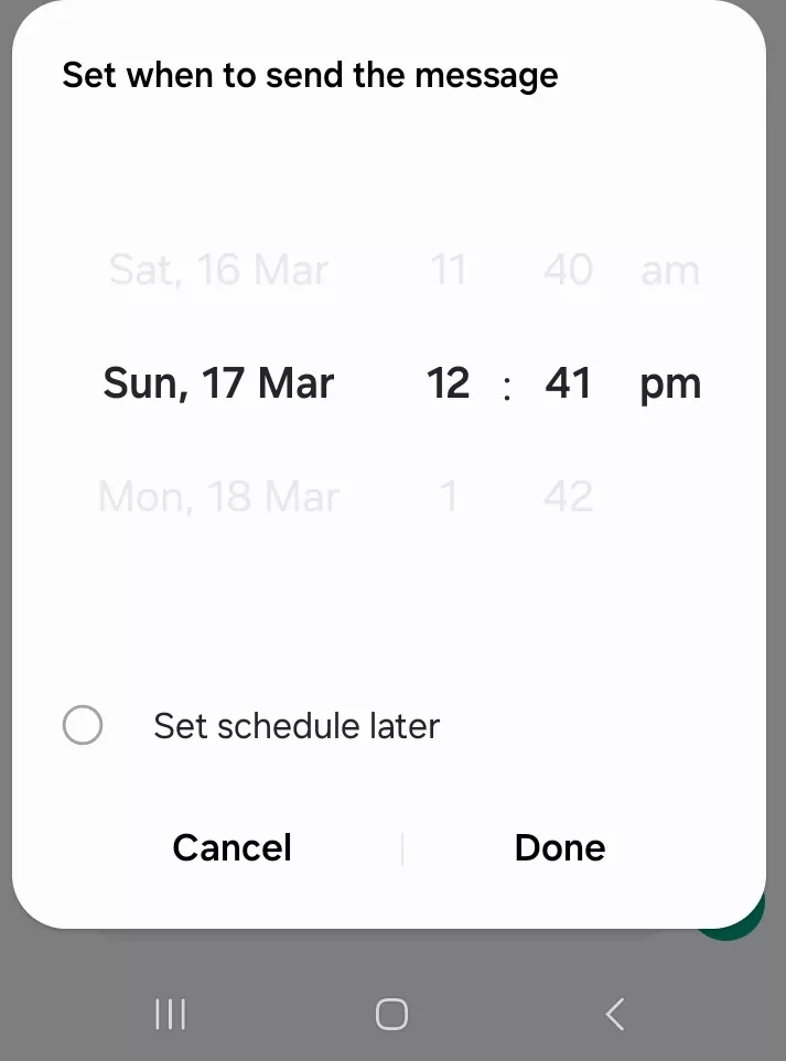 Scheduling the date and time to send texts with Samsung Messages on Android phones