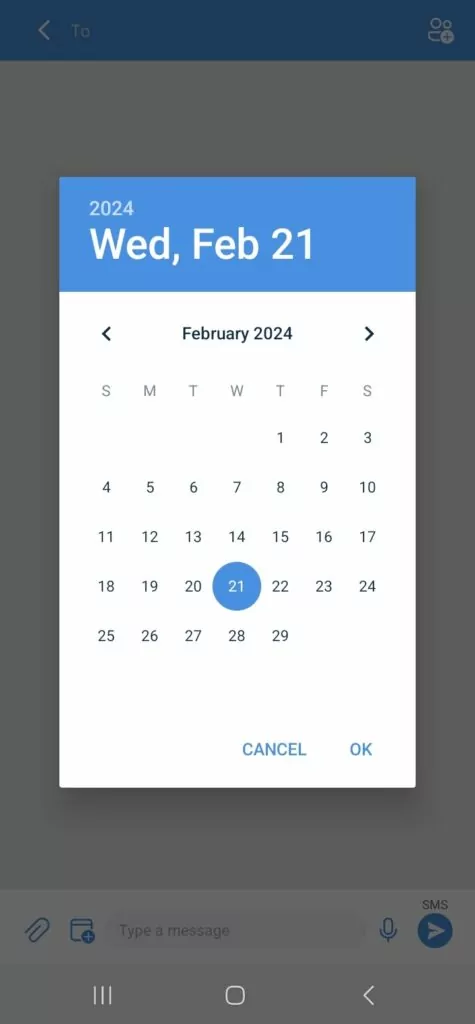 Selecting a date and time to schedule messages in the SMS Organizer Android app