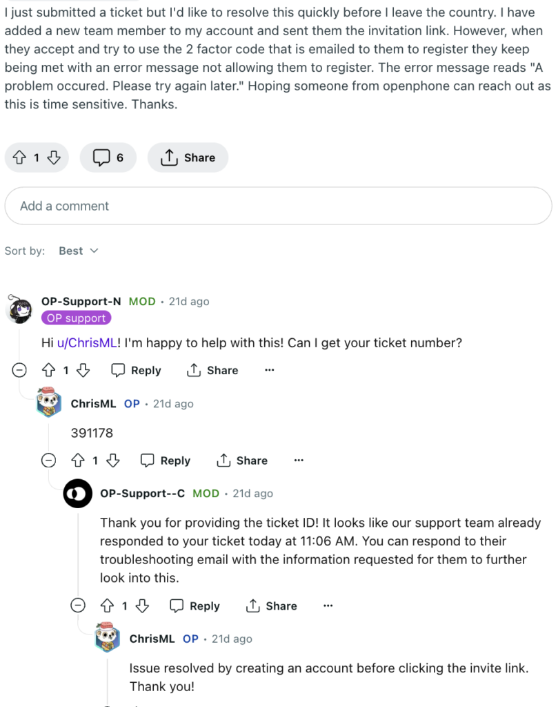 OpenPhone Reddit support thread example