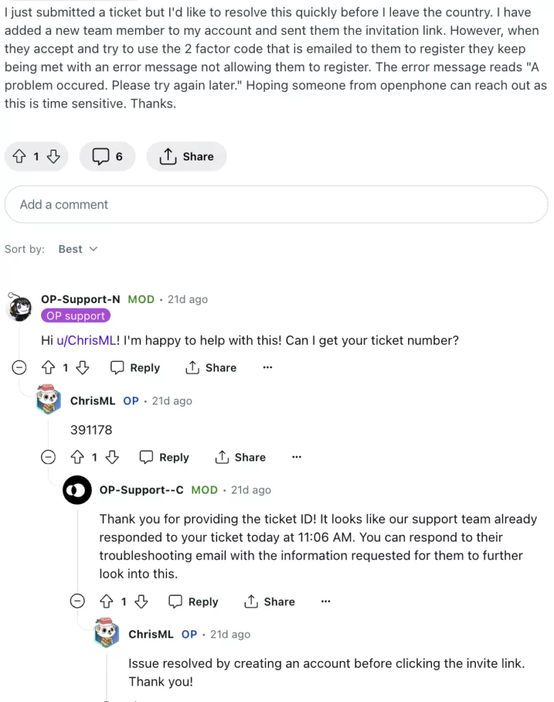 OpenPhone Reddit support thread example