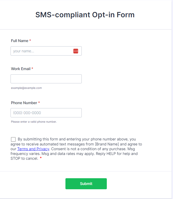 SMS opt in examples: web opt-in form