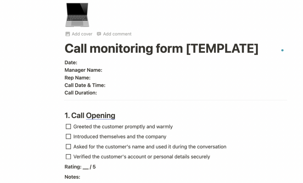 Call monitoring form template in Notion