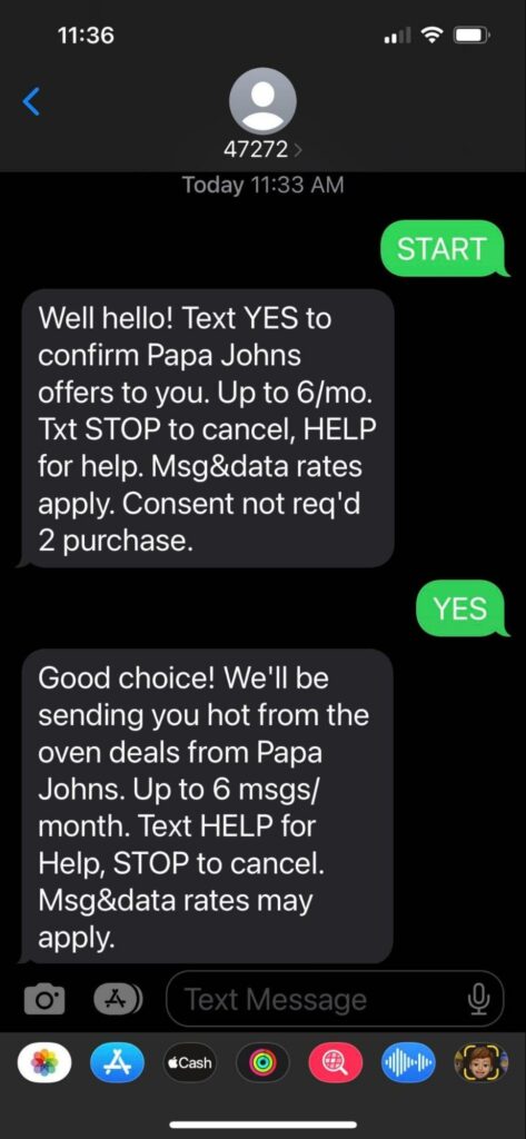 SMS opt in examples: Papa John's double opt-in text