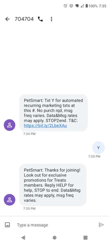 SMS consent: PetSmart double opt-in text example