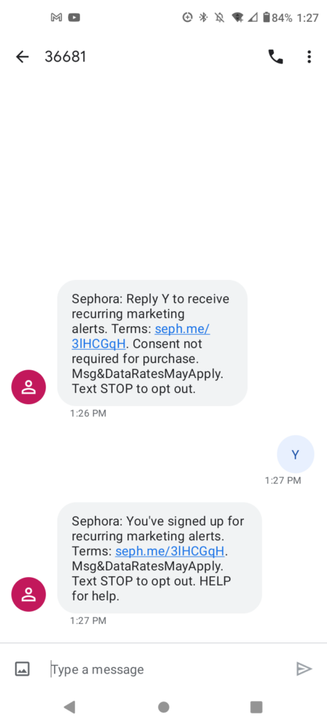 SMS opt in examples: Sephora double opt-in texts