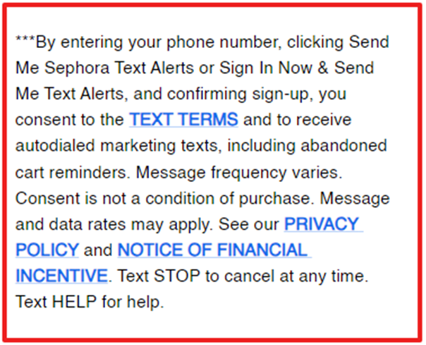 SMS opt in examples: sephora web form zoomed in
