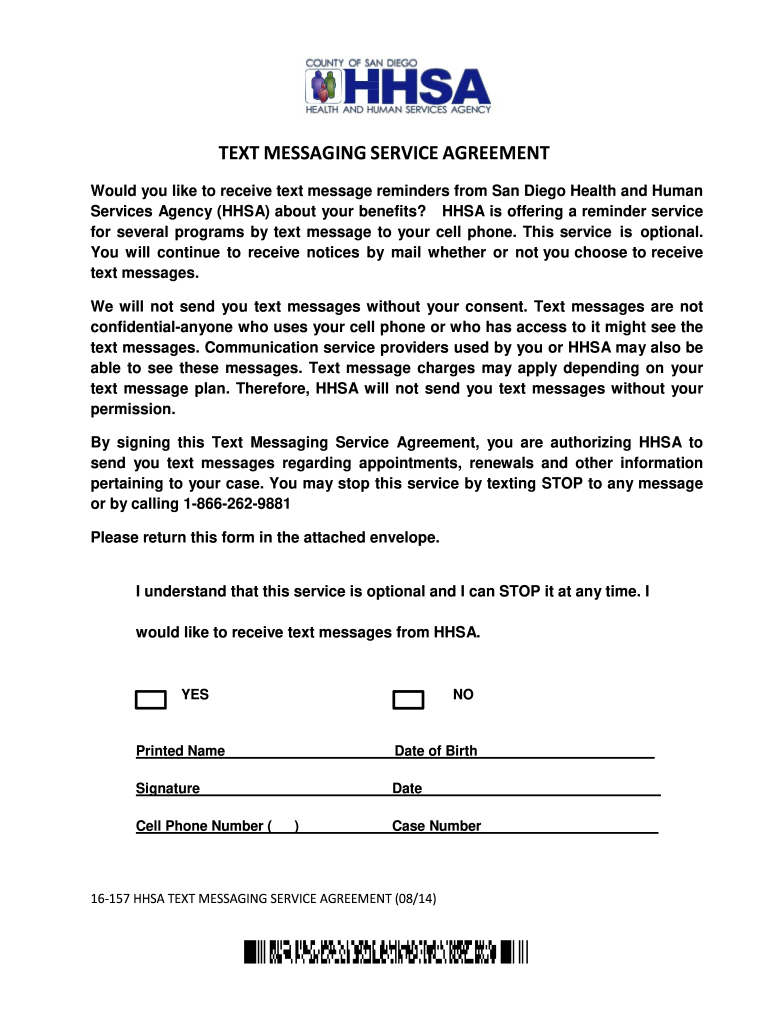 SMS opt in examples: HHSA text message consent physical form