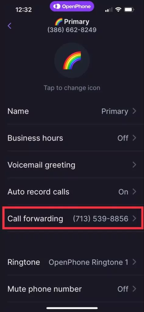 Call forwarding mobile OpenPhone step 2