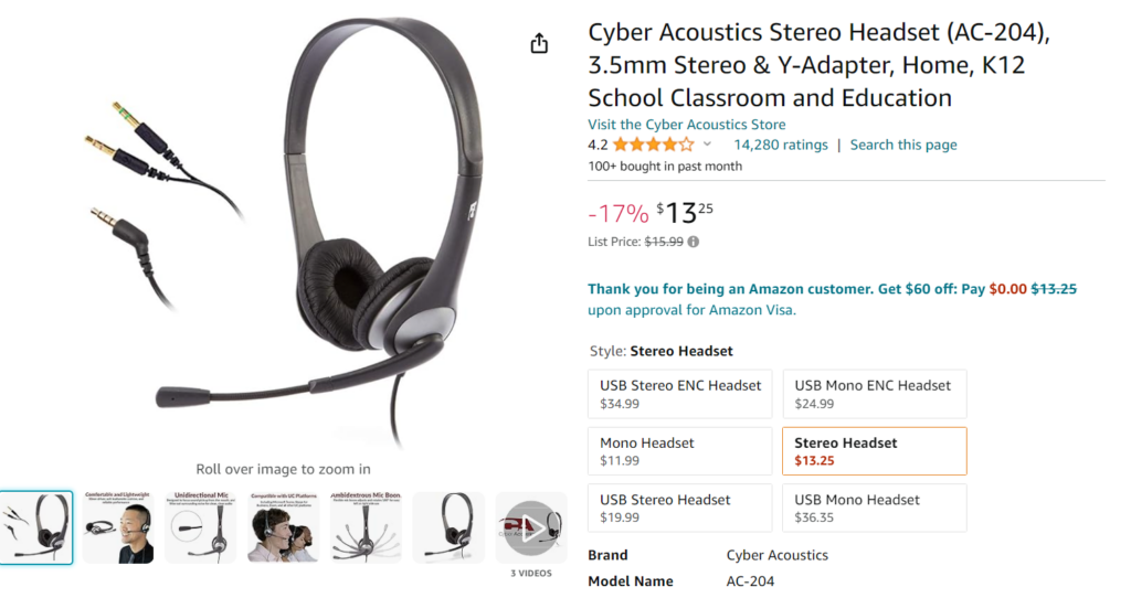 Cyber Acoustics AC-204 Stereo Headset on Amazon